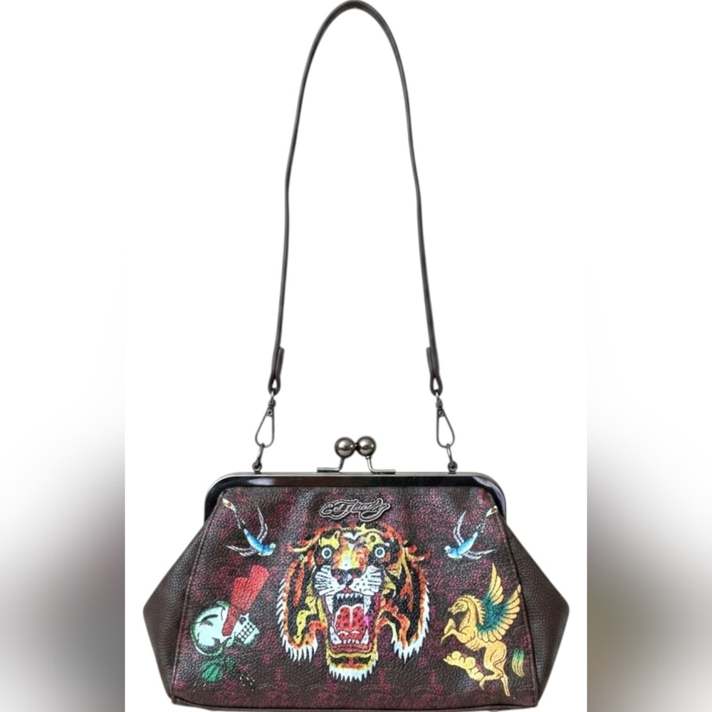 Ed Hardy Burgundy Embroidered Tiger Frame-Top Bag - Picture 2 of 10